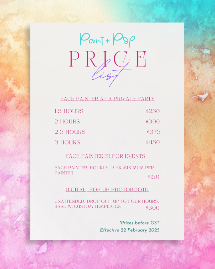 Face Painting and Photobooth Prices in Melbourne 1 face painting prices